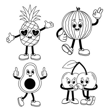 İzole edilmiş ananas, karpuz, avokado, kiraz seti.