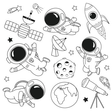 İzole edilmiş sevimli astronot, roket, Dünya, Ay...