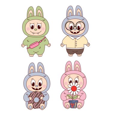 Bir grup izole komik çizgi film canavarı kız ve erkek.