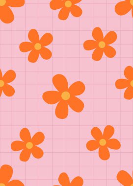 Pembe şebeke arka planında turuncu çiçeklerin kusursuz deseni