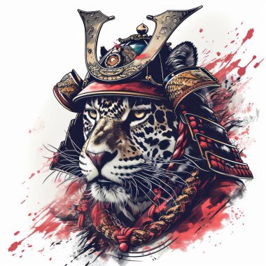 Beyaz arka planda izole edilmiş samuray miğferi kullanan bir jaguar tasviri
