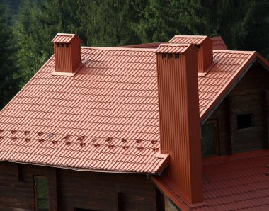 A chimney on the roof of a house covered with metal tiles or a metal profile clipart