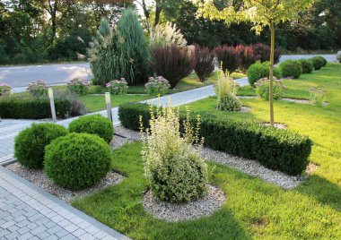 Bahçedeki peyzaj, park, meydan, dinlenme alanındaki modern tasarım parçaları.
