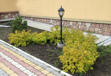 Bahçedeki peyzaj, park, meydan, dinlenme alanındaki modern tasarım parçaları.