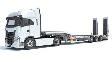 Semi Truck with Lowboy Platform Trailer 3D rendering model on white background clipart