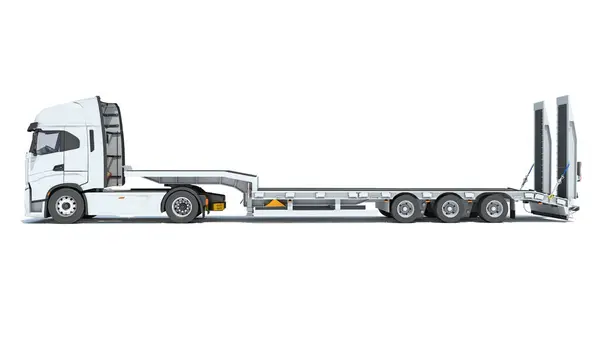 Caminhão Semi Com Lowboy Plataforma Trailer Modelo Renderização Fundo Branco — Fotografia de Stock
