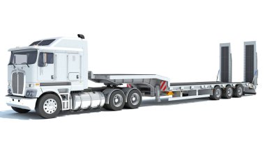 Lowboy Römorku olan Kamyon beyaz arkaplanda 3D görüntüleme modeli