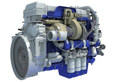 Kamyon motoru, beyaz arkaplanda 3D görüntüleme modeli