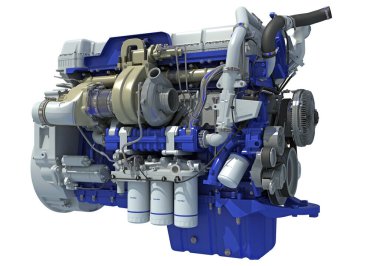 Kamyon motoru, beyaz arkaplanda 3D görüntüleme modeli