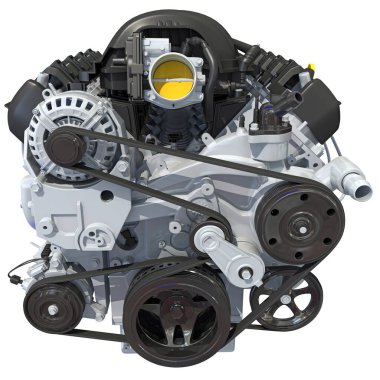 Beyaz arkaplanda V8 Turbo Araç Motoru 3D görüntüleme modeli
