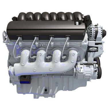 Beyaz arkaplanda V8 Turbo Araç Motoru 3D görüntüleme modeli