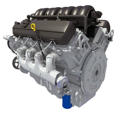 Beyaz arkaplanda V8 Turbo Araç Motoru 3D görüntüleme modeli