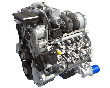Beyaz arkaplanda V8 Motor 3D görüntüleme modeli