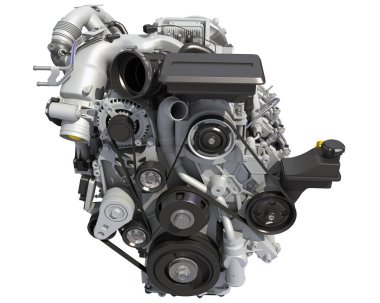 Beyaz arkaplanda V8 Motor 3D görüntüleme modeli