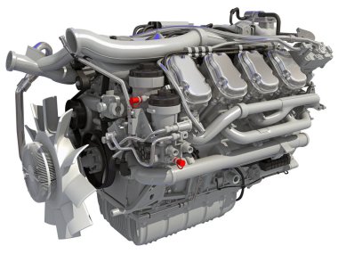 Beyaz arkaplanda V8 Motor 3D görüntüleme modeli