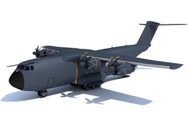 Beyaz arka planda askeri uçak 3D görüntüleme modeli