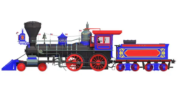 Vintage steam old train locomotive 3d rendering model on a white background