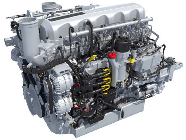 Kamyon motoru, beyaz arkaplanda 3D görüntüleme modeli