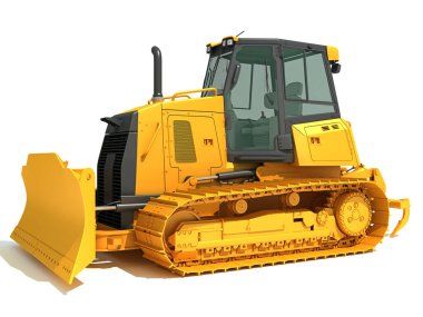İzlenen Dozer ağır inşaat makineleri beyaz zemin üzerinde 3D modelleme