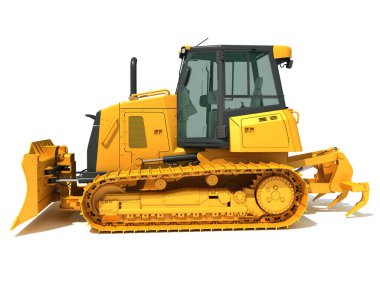 İzlenen Dozer ağır inşaat makineleri beyaz zemin üzerinde 3D modelleme