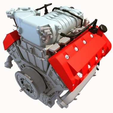 Beyaz arkaplanda V8 Motor 3D görüntüleme modeli