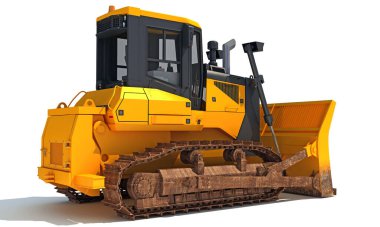 Dozer ağır inşaat makineleri beyaz arkaplanda 3D görüntüleme modeli