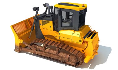 Dozer ağır inşaat makineleri beyaz arkaplanda 3D görüntüleme modeli