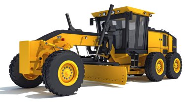 Motor Grader ağır inşaat makineleri beyaz arkaplan üzerinde 3D biçimlendirme