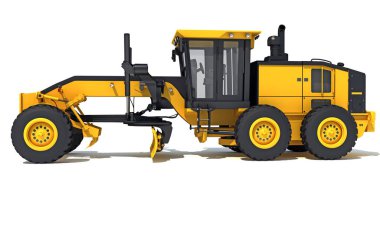 Motor Grader ağır inşaat makineleri beyaz arkaplan üzerinde 3D biçimlendirme