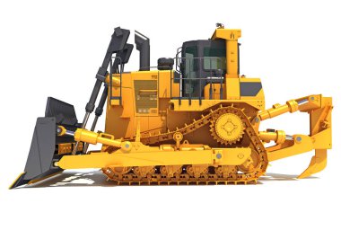 İzlenen Dozer ağır inşaat makineleri beyaz zemin üzerinde 3D modelleme