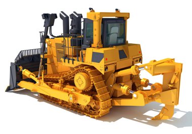 İzlenen Dozer ağır inşaat makineleri beyaz zemin üzerinde 3D modelleme