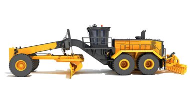 Motor Grader ağır inşaat makineleri beyaz arkaplan üzerinde 3D biçimlendirme