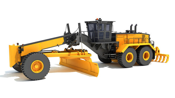 Motor Grader heavy construction machinery 3D rendering model on white background