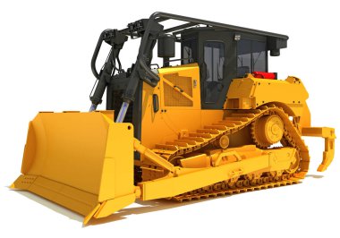 İzlenen Dozer ağır inşaat makineleri beyaz zemin üzerinde 3D modelleme