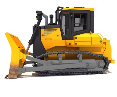 İzlenen Dozer ağır inşaat makineleri beyaz zemin üzerinde 3D modelleme