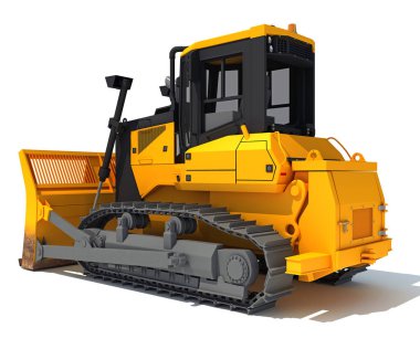 İzlenen Dozer ağır inşaat makineleri beyaz zemin üzerinde 3D modelleme