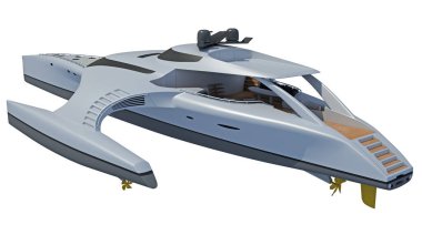 Lüks karavan yatı, beyaz arkaplanda 3B modelleme.