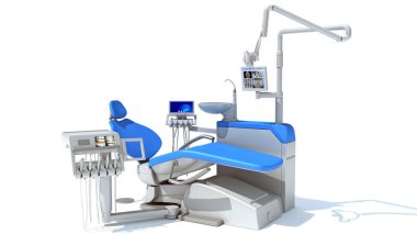 Beyaz arkaplanda diş tedavisi ünitesi 3D görüntüleme modeli