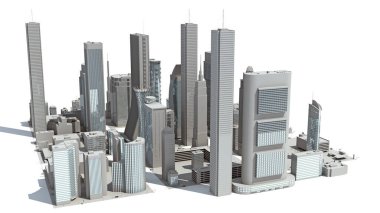 Beyaz arka planda modern Mimari Şehir Modelinin 3B canlandırması