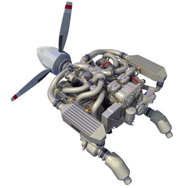 Beyaz zemin üzerinde uçak turboprop motor 3D görüntüleme modeli