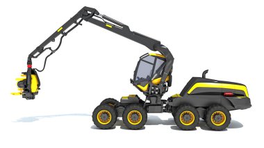 Orman hasadı 3D beyaz arka planda model orman makineleri oluşturuluyor