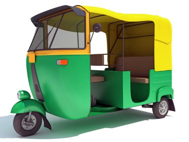 Beyaz arkaplanda otomatik Rickshaw TukTuk 3D görüntüleme modeli