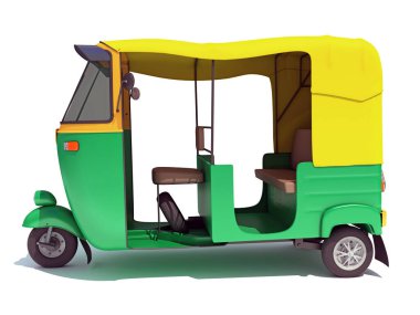 Beyaz arkaplanda otomatik Rickshaw TukTuk 3D görüntüleme modeli