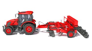 Tohum Delme ekipmanlı traktör disk harrow 3D görüntüleme modeli beyaz arkaplan