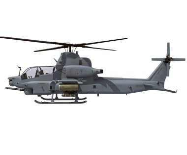 Beyaz arkaplanda askeri helikopter 3D görüntüleme modeli