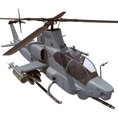 Beyaz arkaplanda askeri helikopter 3D görüntüleme modeli