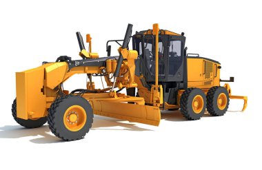 Motor Grader ağır inşaat makineleri beyaz arkaplan üzerinde 3D biçimlendirme