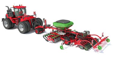 Tohum Delme ekipmanlı traktör disk harrow 3D görüntüleme modeli beyaz arkaplan