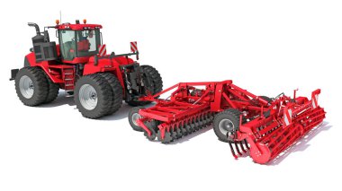 Tohum Delme ekipmanlı traktör disk harrow 3D görüntüleme modeli beyaz arkaplan