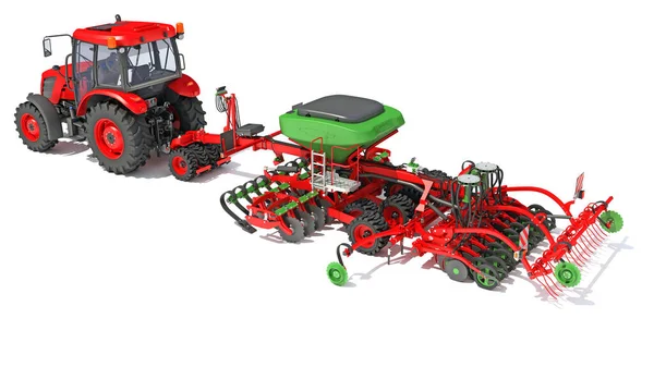 Traktor Mit Sämaschine Landwirtschaftliche Geräte Scheibenegge Rendering Modell Auf Weißem — Stockfoto